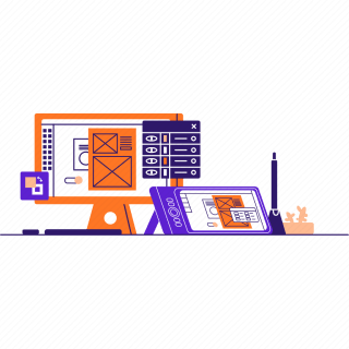 Frontend Development Monitors and tablet displaying design software, accompanied by a stylus and cup, set against a transparent background.